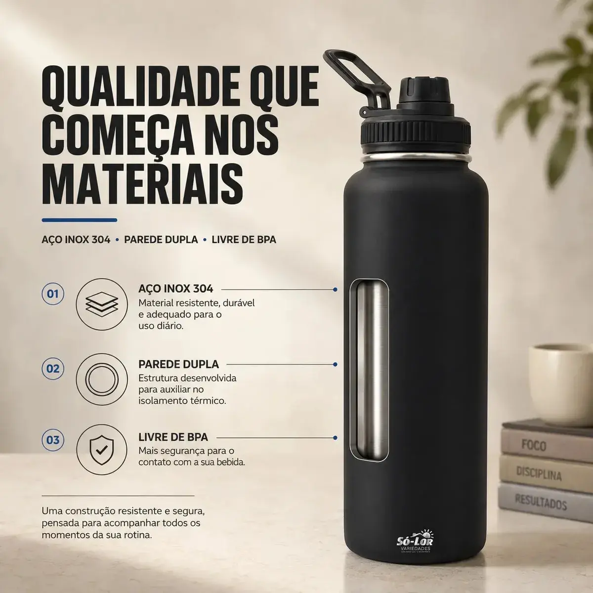 1000ml Garrafa Térmica Isolada A Vácuo Squeeze Aço Inox 304 para Água Gelada Esporte Academia com Alça e Bico Preto Sólar thumbnail 6