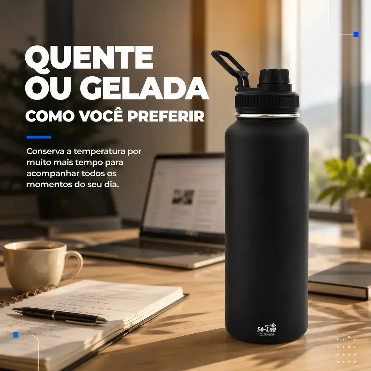 1000ml Garrafa Térmica Isolada A Vácuo Squeeze Aço Inox 304 para Água Gelada Esporte Academia com Alça e Bico Preto Sólar thumbnail 8