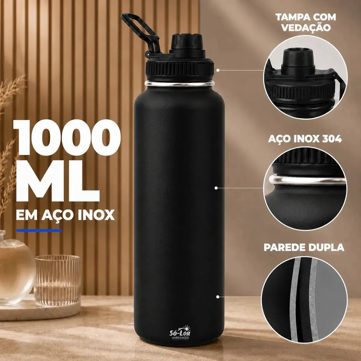 1000ml Garrafa Térmica Isolada A Vácuo Squeeze Aço Inox 304 para Água Gelada Esporte Academia com Alça e Bico Preto Sólar thumbnail 9