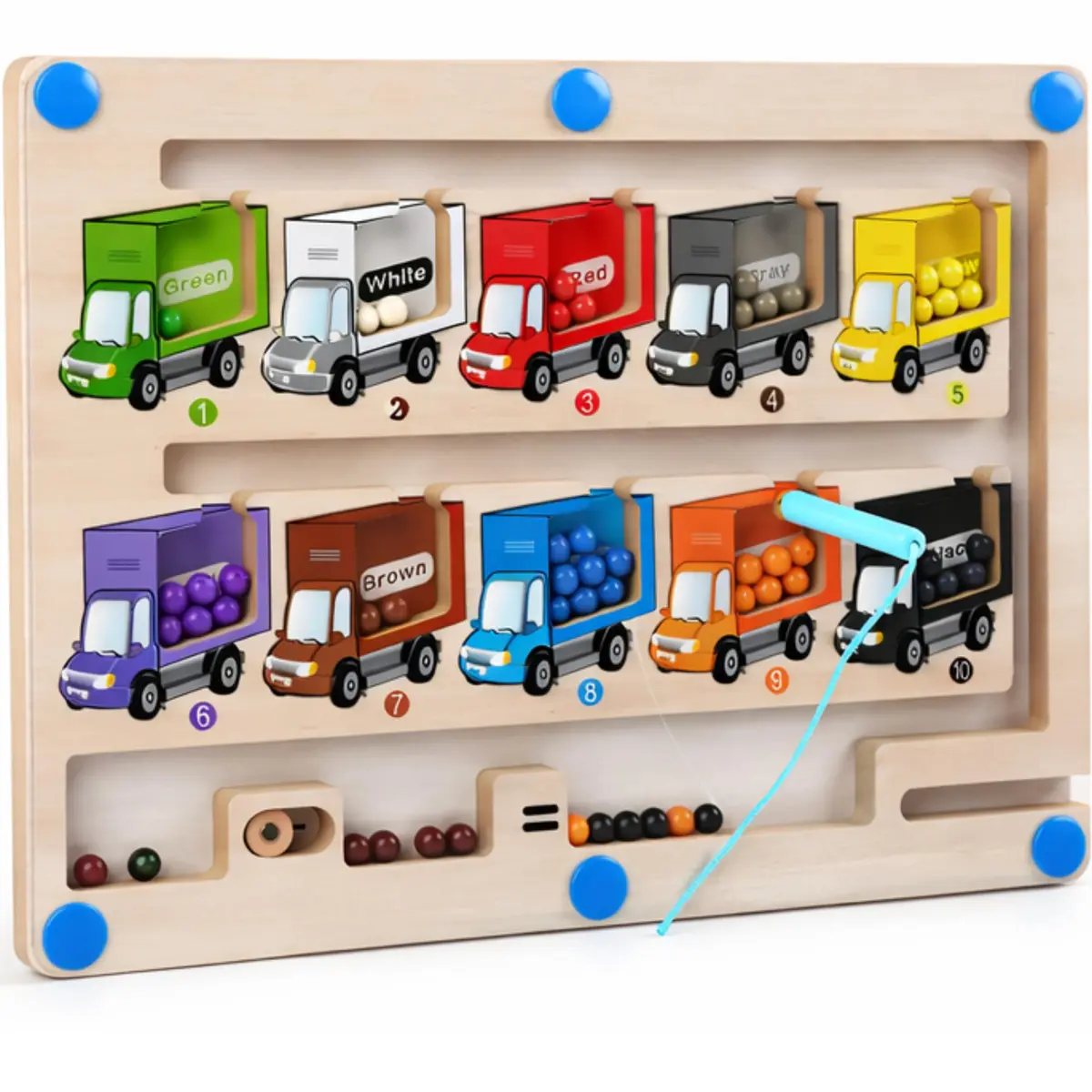 Brinquedo Labirinto Magnético de Madeira Educativo com Caminhões Coloridos, Caneta Imantada, Aprendizado de Cores e Números, Pedagogico Montessori Interativo para Crianças 3+ Anos, 30x22cm