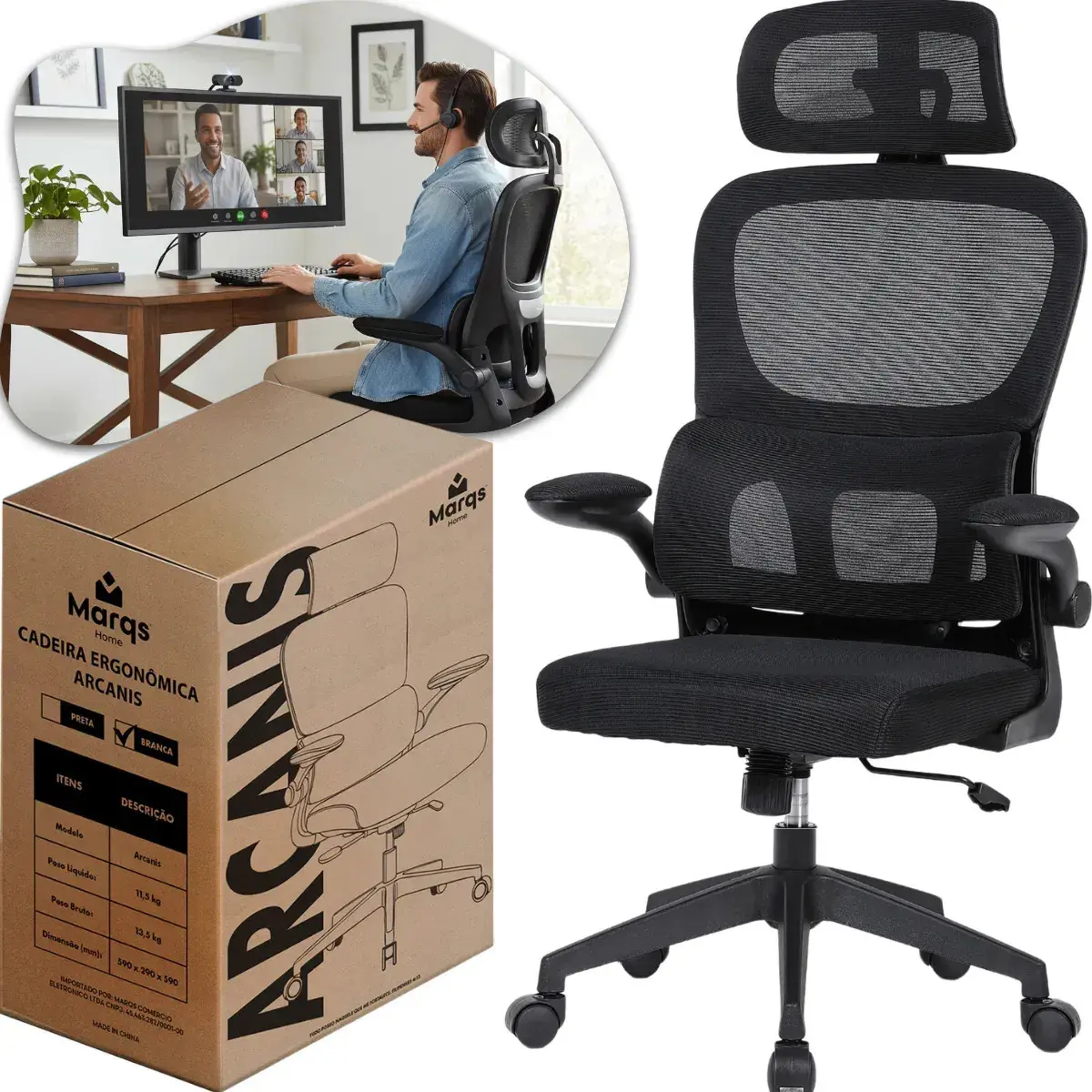 Cadeira Escritório Presidente Ergonômica NR17 Marqs Home Arcanis Preta com Apoio Lombar e Encosto Mesh Premium - 1