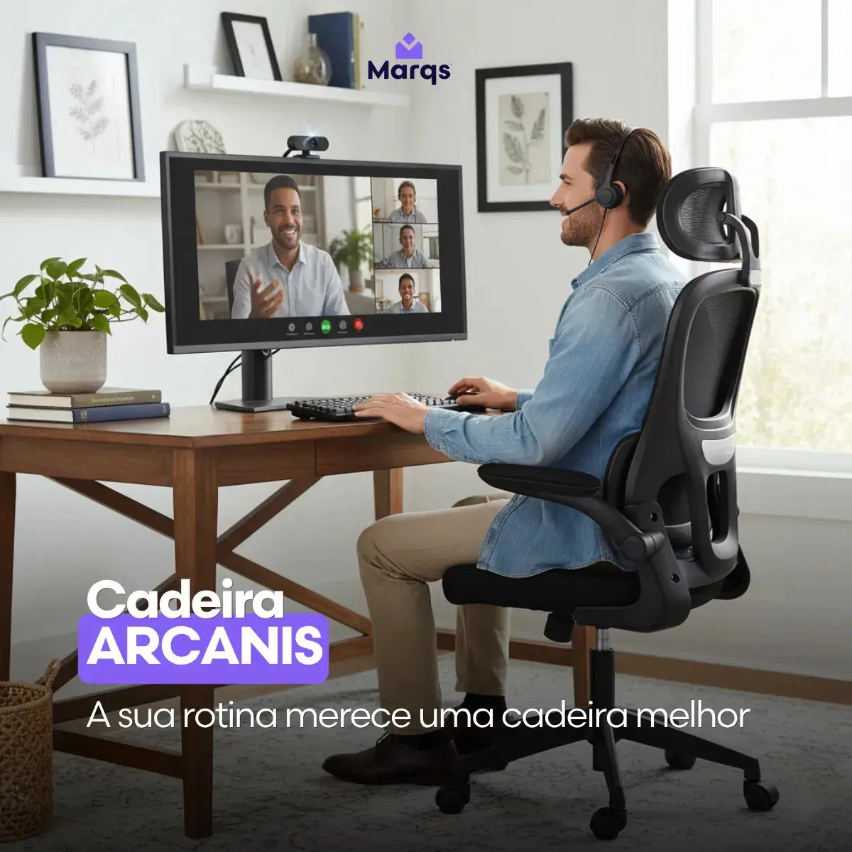 Cadeira Escritório Presidente Ergonômica NR17 Marqs Home Arcanis Preta com Apoio Lombar e Encosto Mesh Premium thumbnail 2