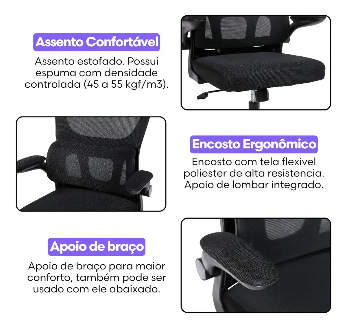 Cadeira Escritório Presidente Ergonômica NR17 Marqs Home Arcanis Preta com Apoio Lombar e Encosto Mesh Premium thumbnail 4