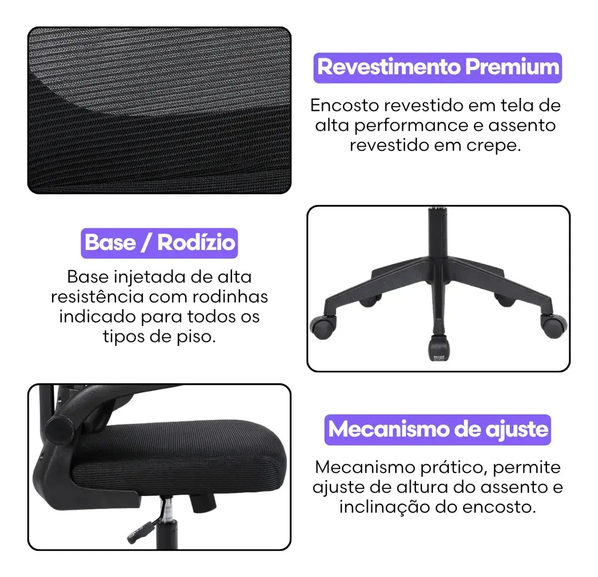 Cadeira Escritório Presidente Ergonômica NR17 Marqs Home Arcanis Preta com Apoio Lombar e Encosto Mesh Premium thumbnail 5