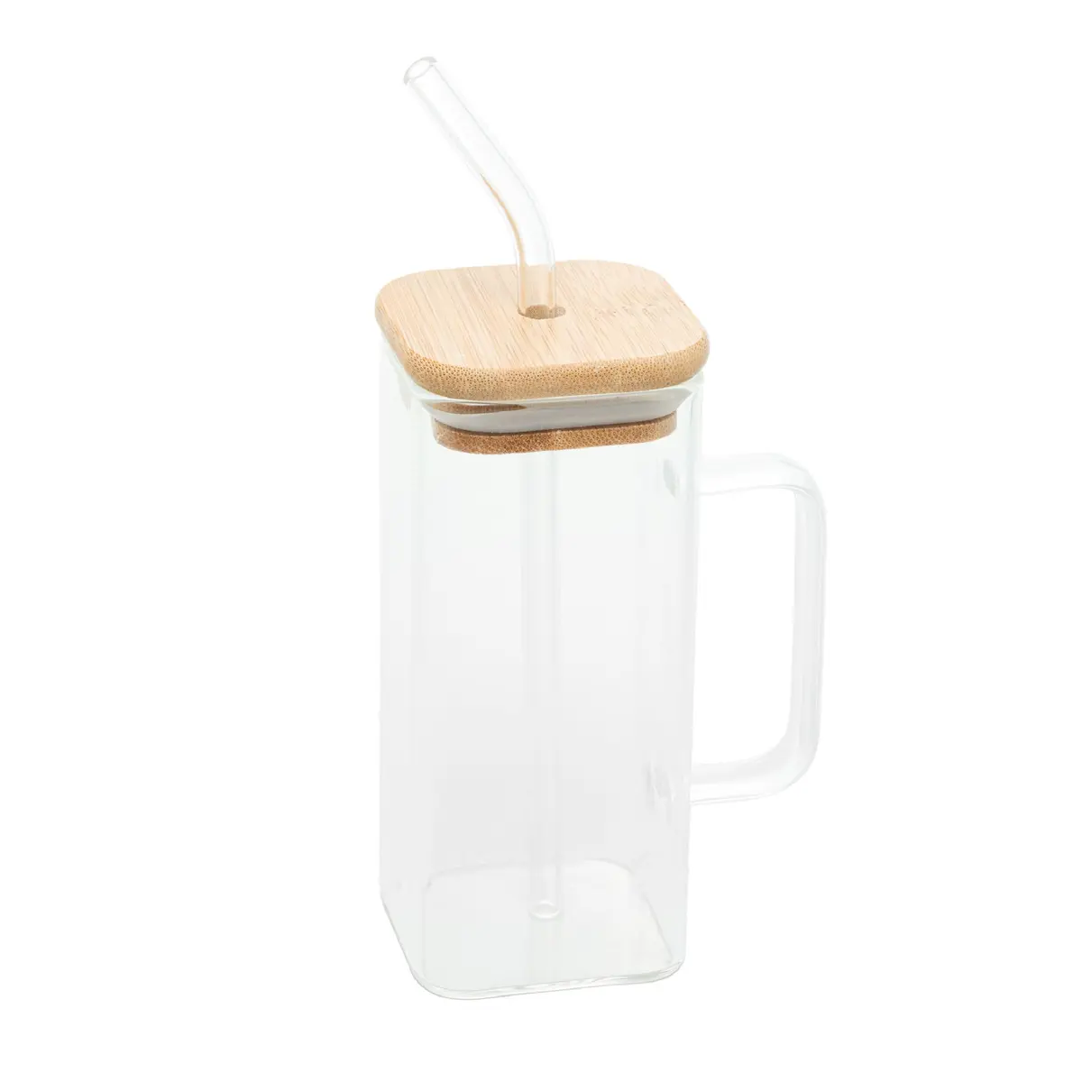 WOLFF - Caneca de Vidro Borossilicato com Canudo e Tampa de Bambu 400ml