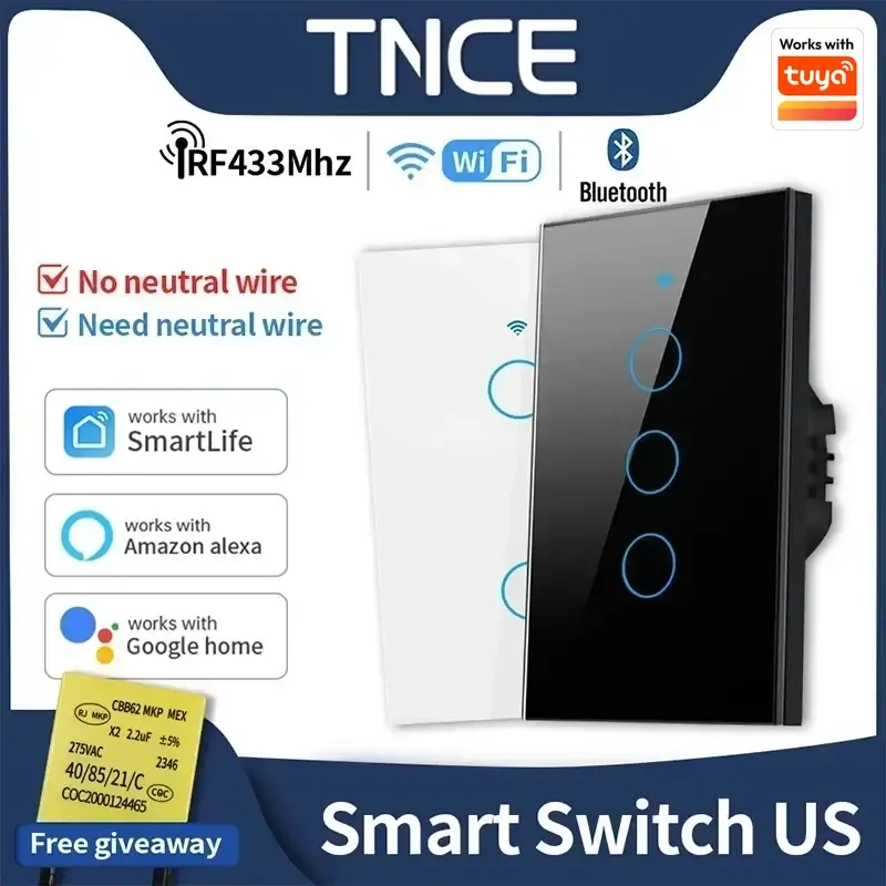 Tuya eua wifi + bluetooth interruptores inteligentes nenhum fio neutro necessário 1/2/3/4 gang luz wifi interruptor de toque trabalho com alexa google casa