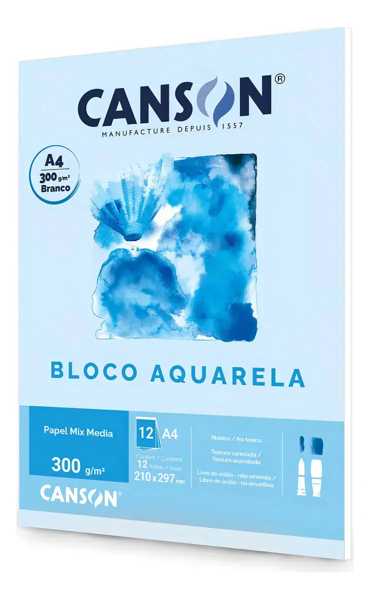 Bloco De Papel Canson Aquarela Mix Media 300g A4 12 Folhas - 1