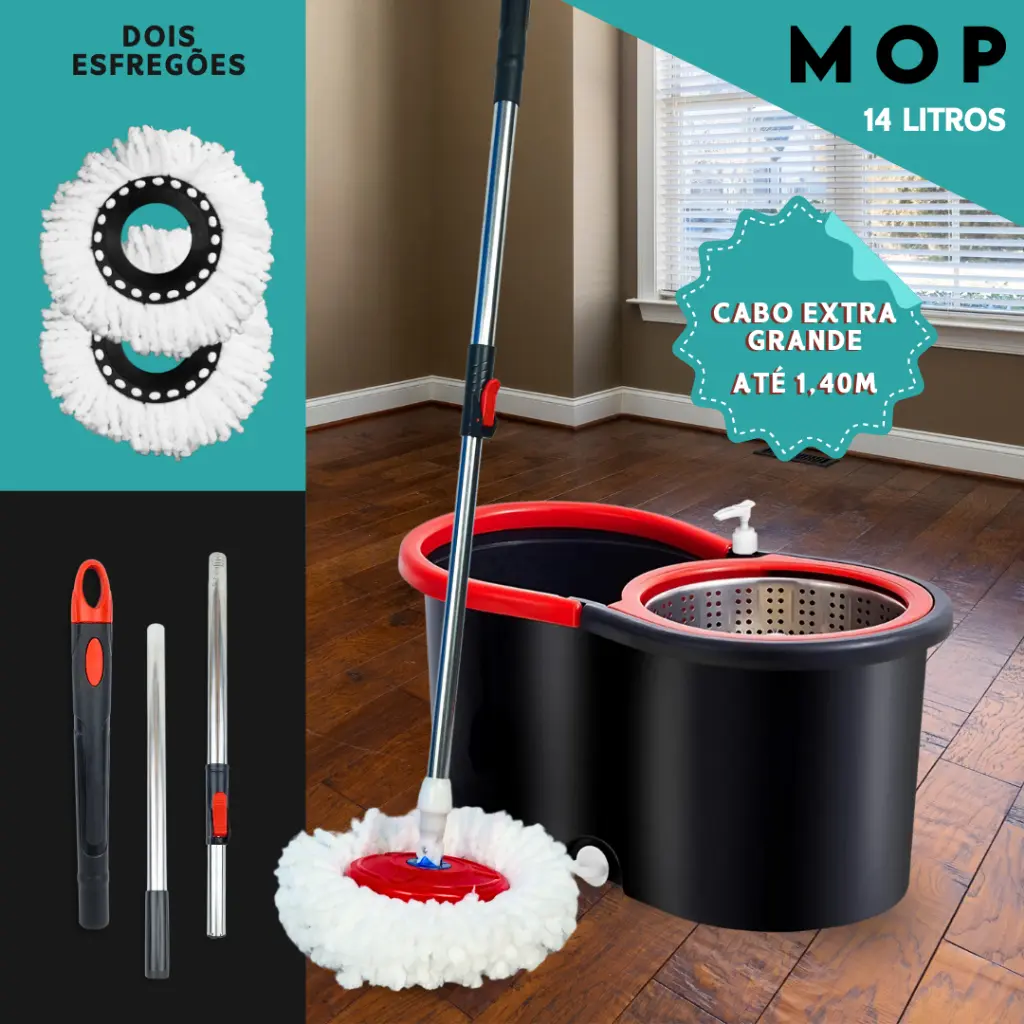 Mop Girátorio Cleaner Profissional – Balde com Centrífuga 14L + Refil Duplo e Cabo Reforçado - MN - 1