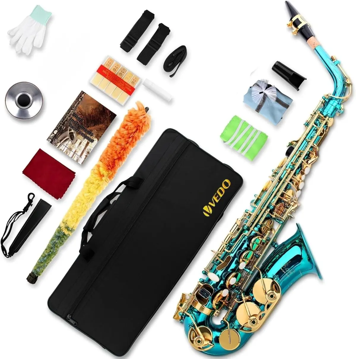 VEDO Saxofone Alto Eb – Azul e Dourado, Latão, Iniciante e Estudante, Kit Completo com Estojo, Boquilha, Palhetas e Acessórios - 1