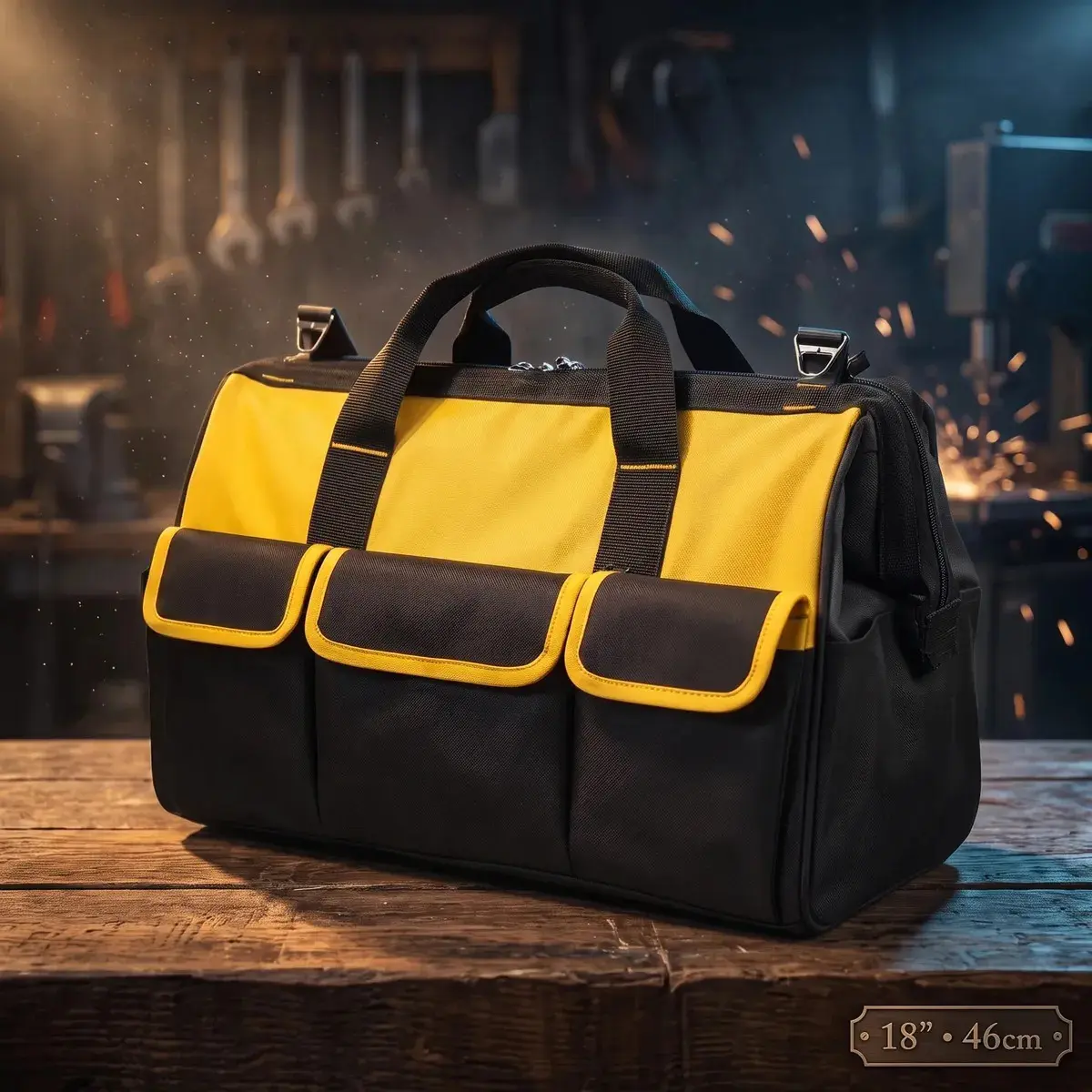 Bolsa Ferramentas Grande Reforçada Maleta Lona 16 Bolsos Fundo Resistente Eletricista Encanador Mecânico Hobista Manutenção Predial Porta Ferramenta Profissional Alça Reforçada Preto/Amarelo Spirobol thumbnail 2