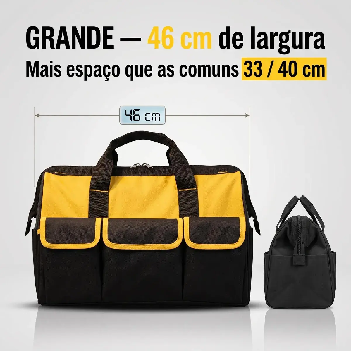 Bolsa Ferramentas Grande Reforçada Maleta Lona 16 Bolsos Fundo Resistente Eletricista Encanador Mecânico Hobista Manutenção Predial Porta Ferramenta Profissional Alça Reforçada Preto/Amarelo Spirobol thumbnail 3