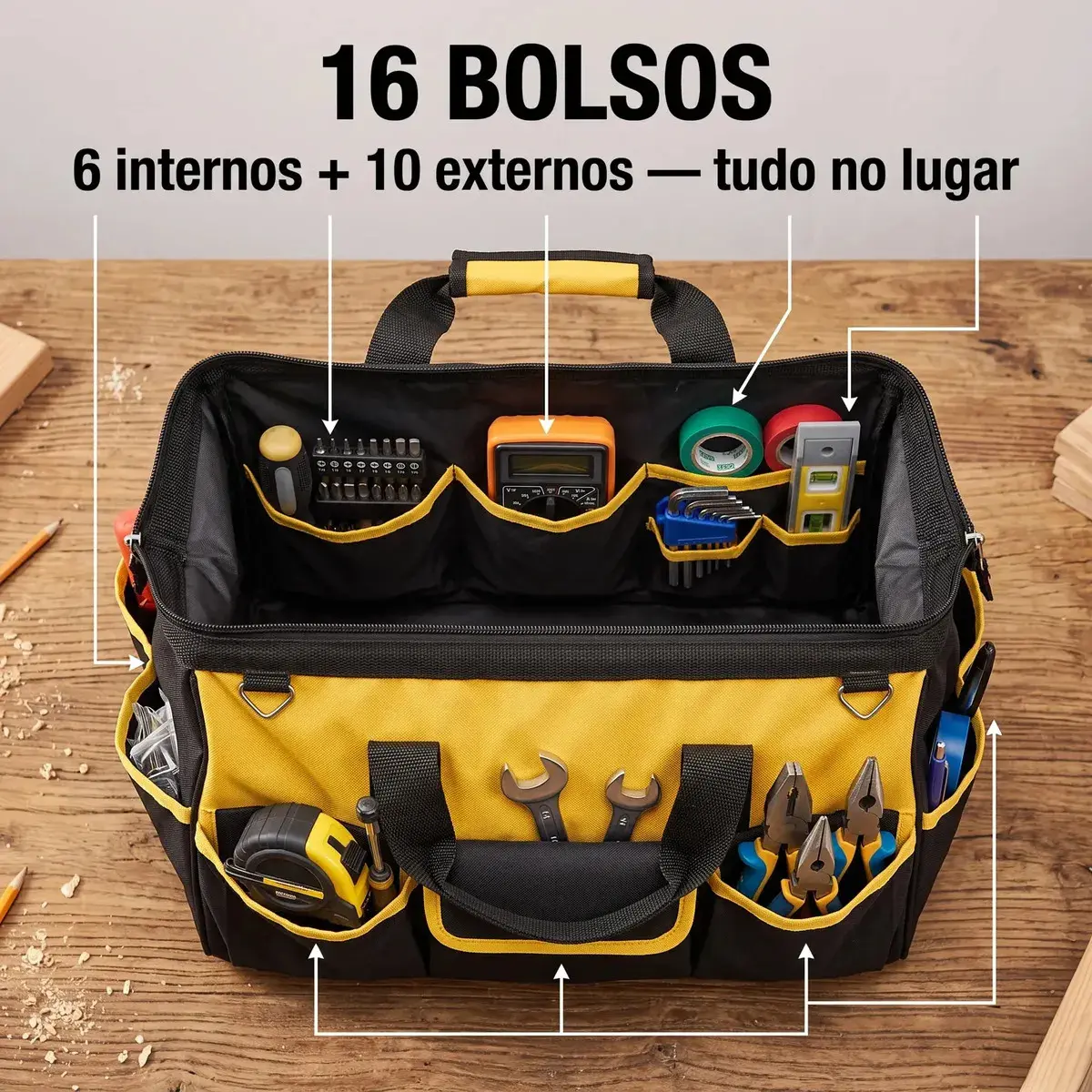 Bolsa Ferramentas Grande Reforçada Maleta Lona 16 Bolsos Fundo Resistente Eletricista Encanador Mecânico Hobista Manutenção Predial Porta Ferramenta Profissional Alça Reforçada Preto/Amarelo Spirobol thumbnail 4