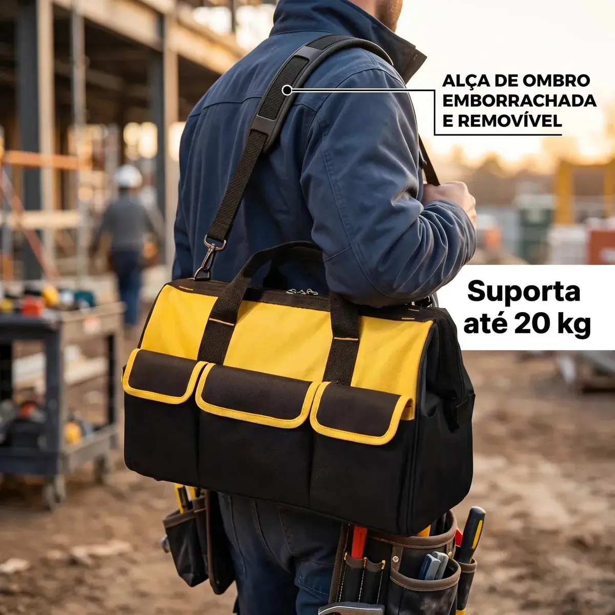 Bolsa Ferramentas Grande Reforçada Maleta Lona 16 Bolsos Fundo Resistente Eletricista Encanador Mecânico Hobista Manutenção Predial Porta Ferramenta Profissional Alça Reforçada Preto/Amarelo Spirobol thumbnail 8
