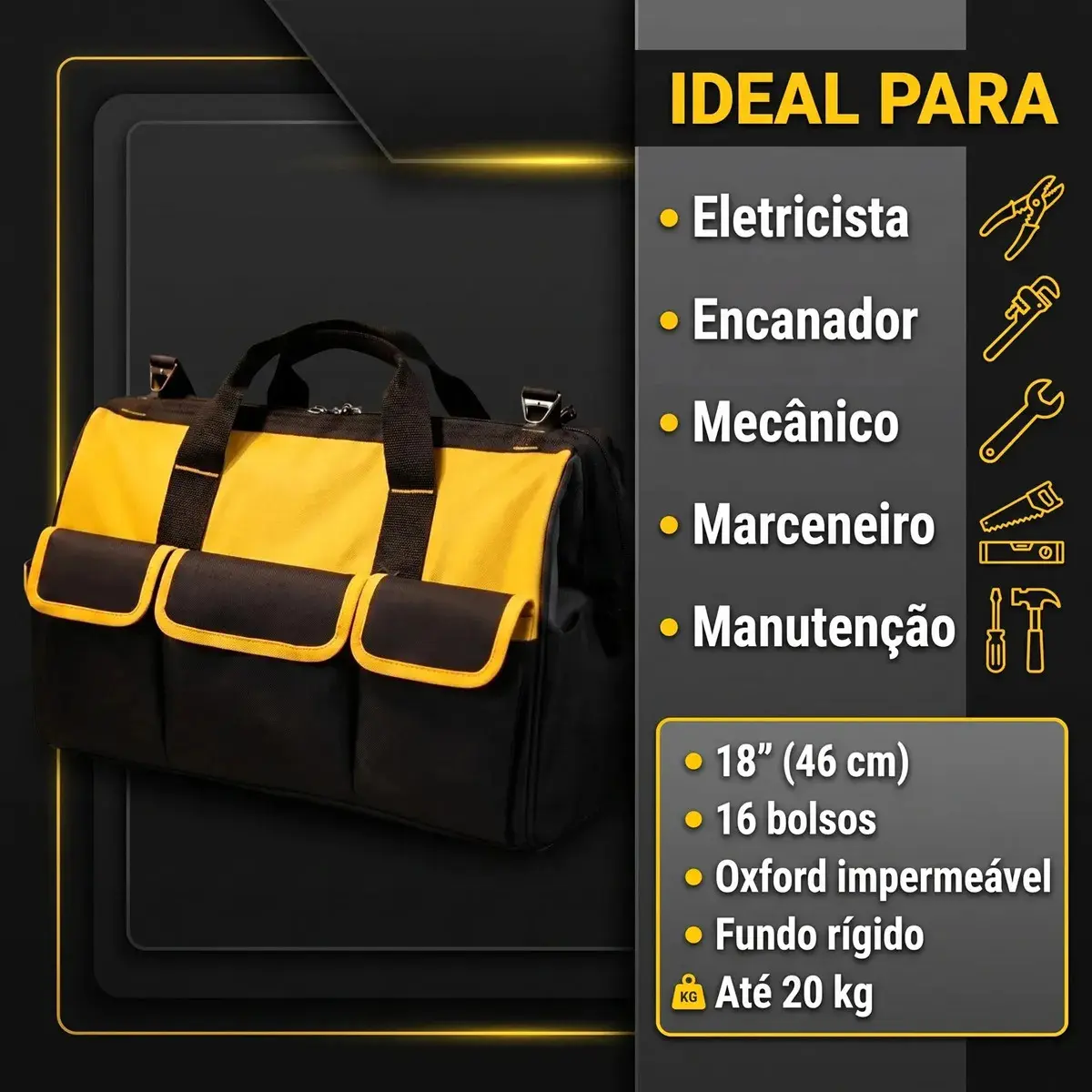 Bolsa Ferramentas Grande Reforçada Maleta Lona 16 Bolsos Fundo Resistente Eletricista Encanador Mecânico Hobista Manutenção Predial Porta Ferramenta Profissional Alça Reforçada Preto/Amarelo Spirobol thumbnail 9