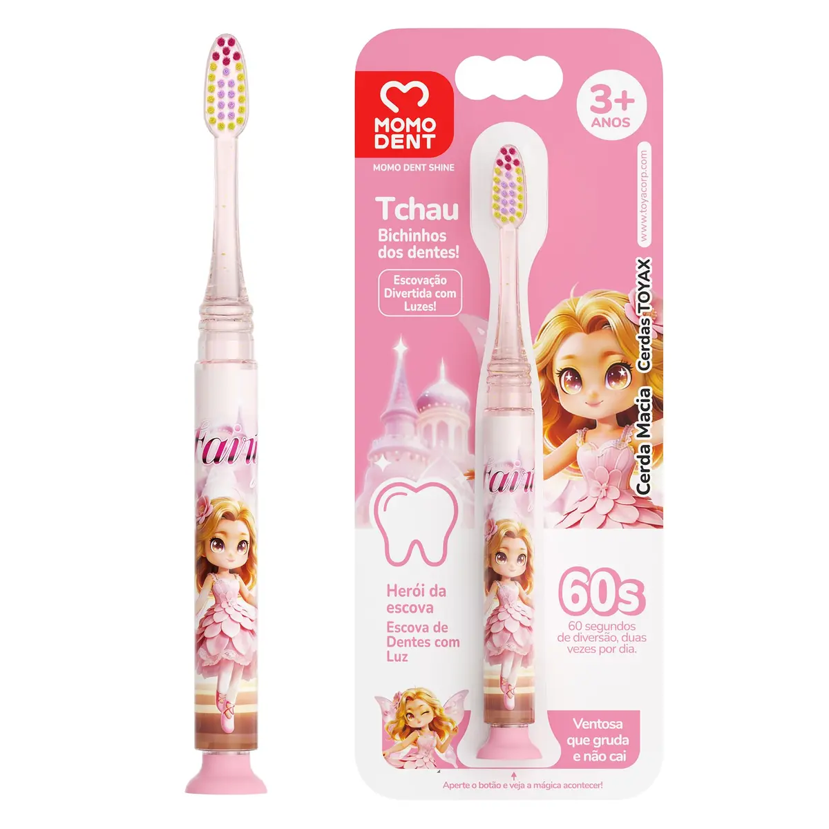 MOMODENT Escova de Dente Infantil com Luz LED, Cerdas Macias, Para Crianças a Partir de 3 Anos, Modelos Panda e Futebol, Com Ventosa, Divertida para Escovar, Formato Fofo de Personagem, Proteção Suave para Gengivas (Fada) - 1