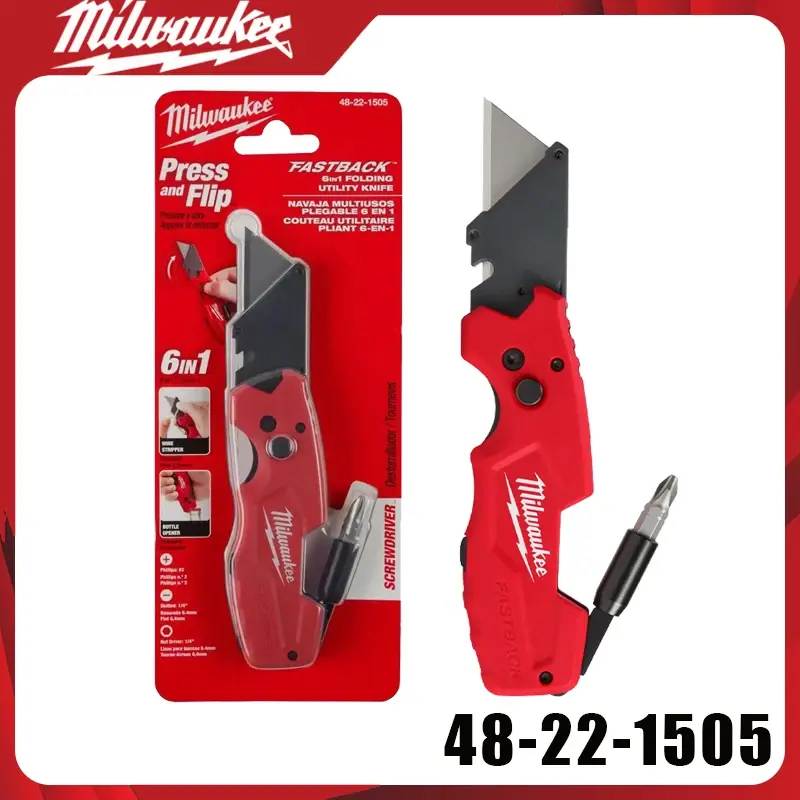 Faca Utilitária Multifuncional Milwaukee 48-22-1505 FASTBACK 6-em-1 com Chave de Fenda, Desencapador de Fios e Abridor de Garrafas - 1