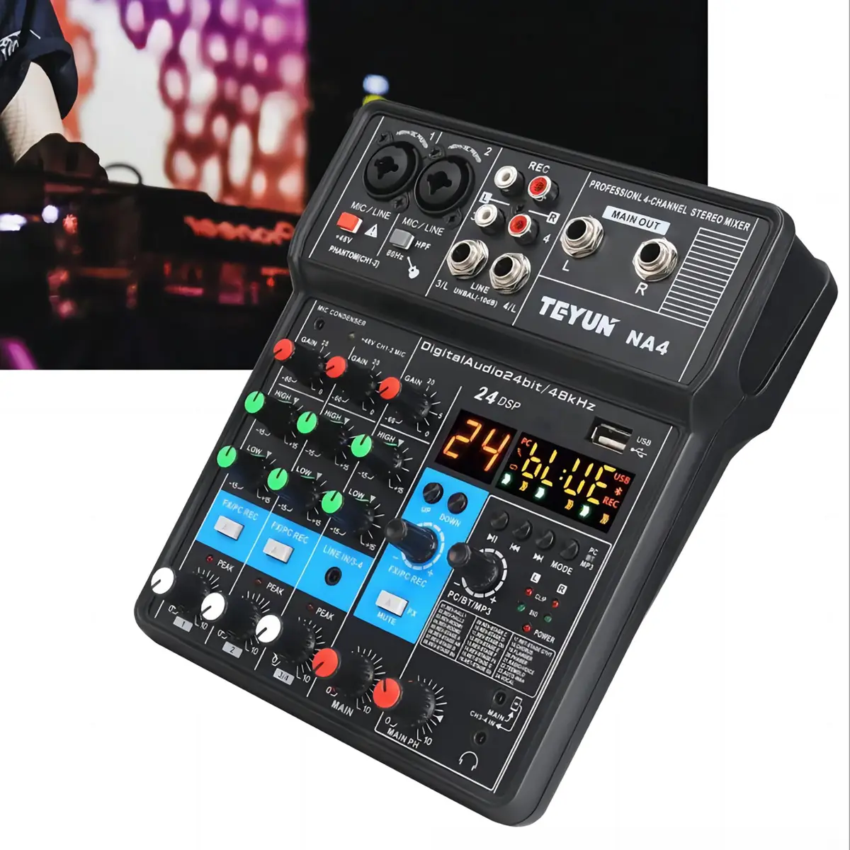 Mixer de áudio profissional,4/3/2 canais Mixer de placa de som com Bluetooth, entrada USB para PC Fonte de alimentação fantasma de 48V para música, Podcast, Mixers para DJ e VJ (4 canais) - 1