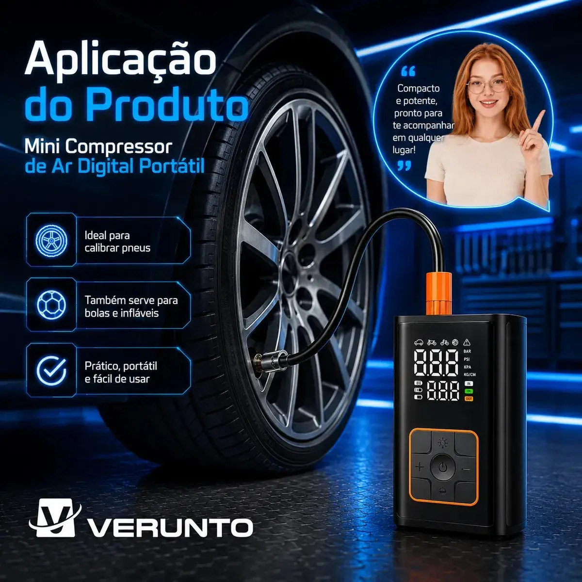 Compressor Portátil Car Air Pump Digital Com Visor Para Carro Moto Bike Calibrador De Pneu Multifuncional thumbnail 3