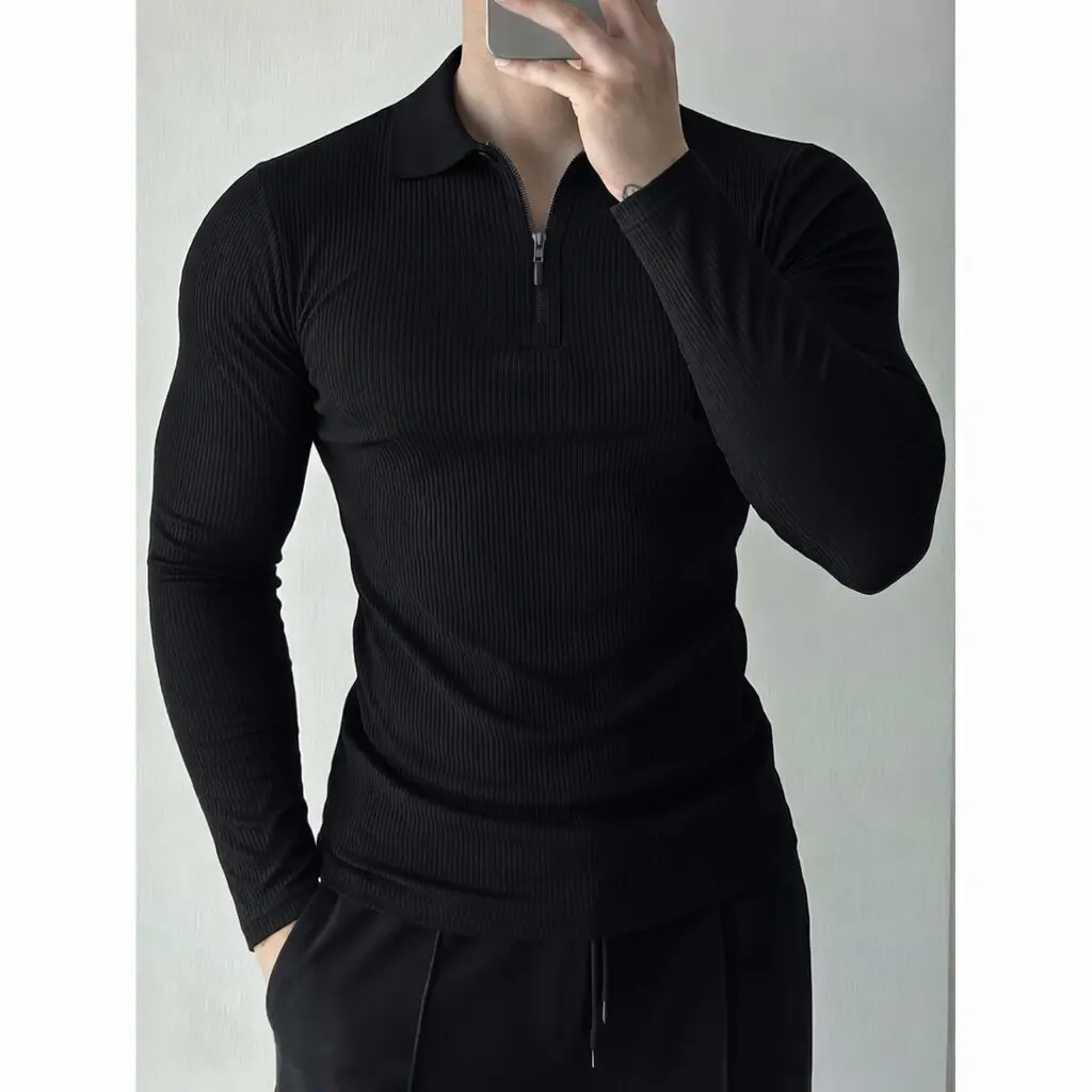 Polo Manga Longa Masculina Canelada Premium Slim com Zíper