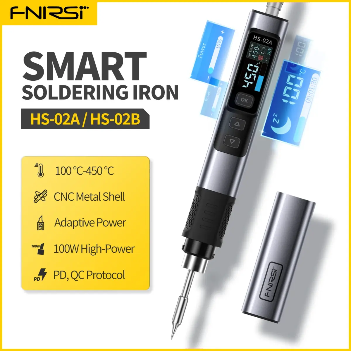 Ferro de solda elétrico inteligente FNIRSI HS-02 100W 450 ° Soldagem de estação de solda digital portátil de temperatura constante ajustável
