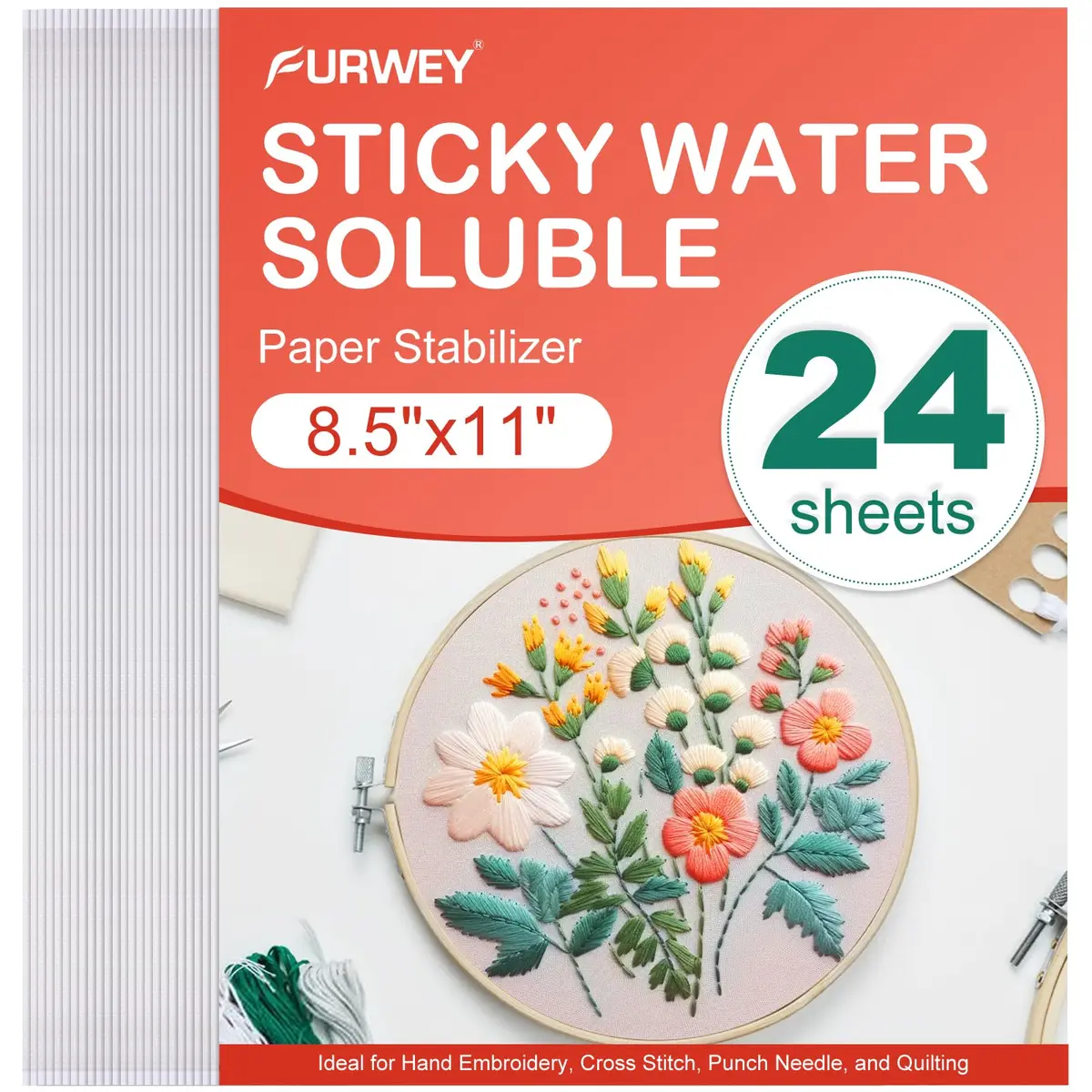 FURWEY 24 peças 21,6 cm x 28 cm Estabilizador de bordado solúvel em água para impressão Estabilizador de lavagem de papel permitido para imprimir ou desenhar padrões peso médio para bordado à mão e à