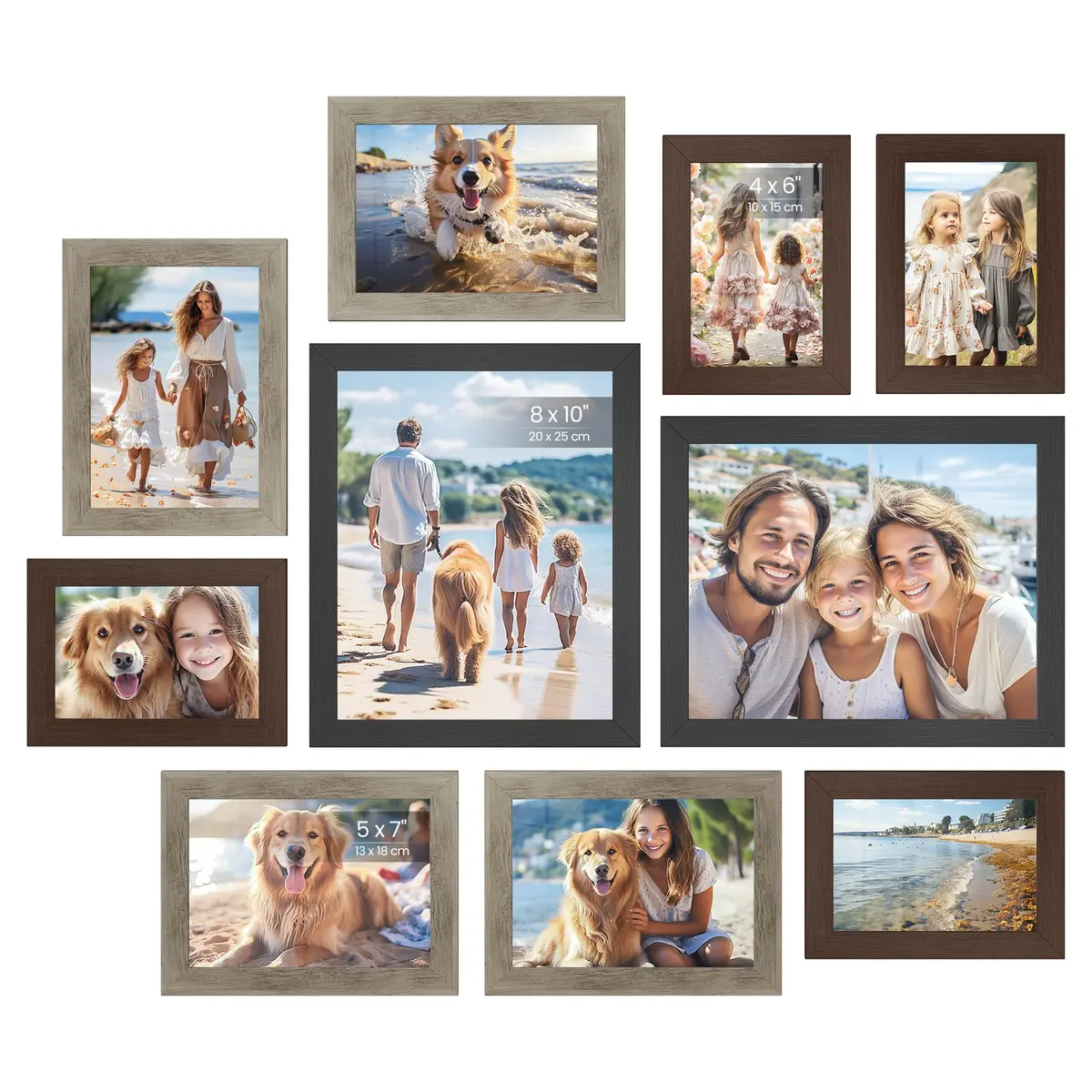 SONGMICS Conjunto com 10 Porta‑retratos Tipo Colagem, com 2 Porta‑retratos de 20 x 25 cm, 4 de 13 x 18 cm e 4 de 10 x 15 cm, para Parede ou Mesa, Frente em Vidro Transparente, Marrom BRRPF010K03