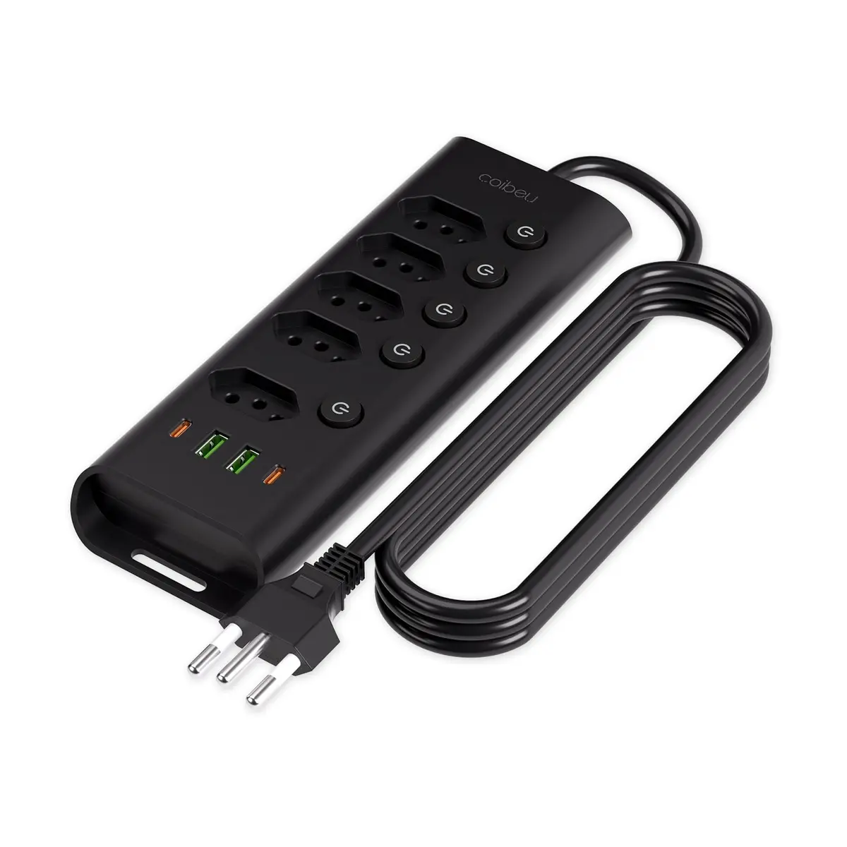 Extensao Eletrica, Filtro de Linha, Extensão Tomada, Régua Tomada, Régua de Energia, 5 Tomadas, 2 Interfaces USB, 2 Porta USB Tipo-C, Cabo de Alimentação de 1,8 Metros, 110-220V, 10A, 2500W, Preto