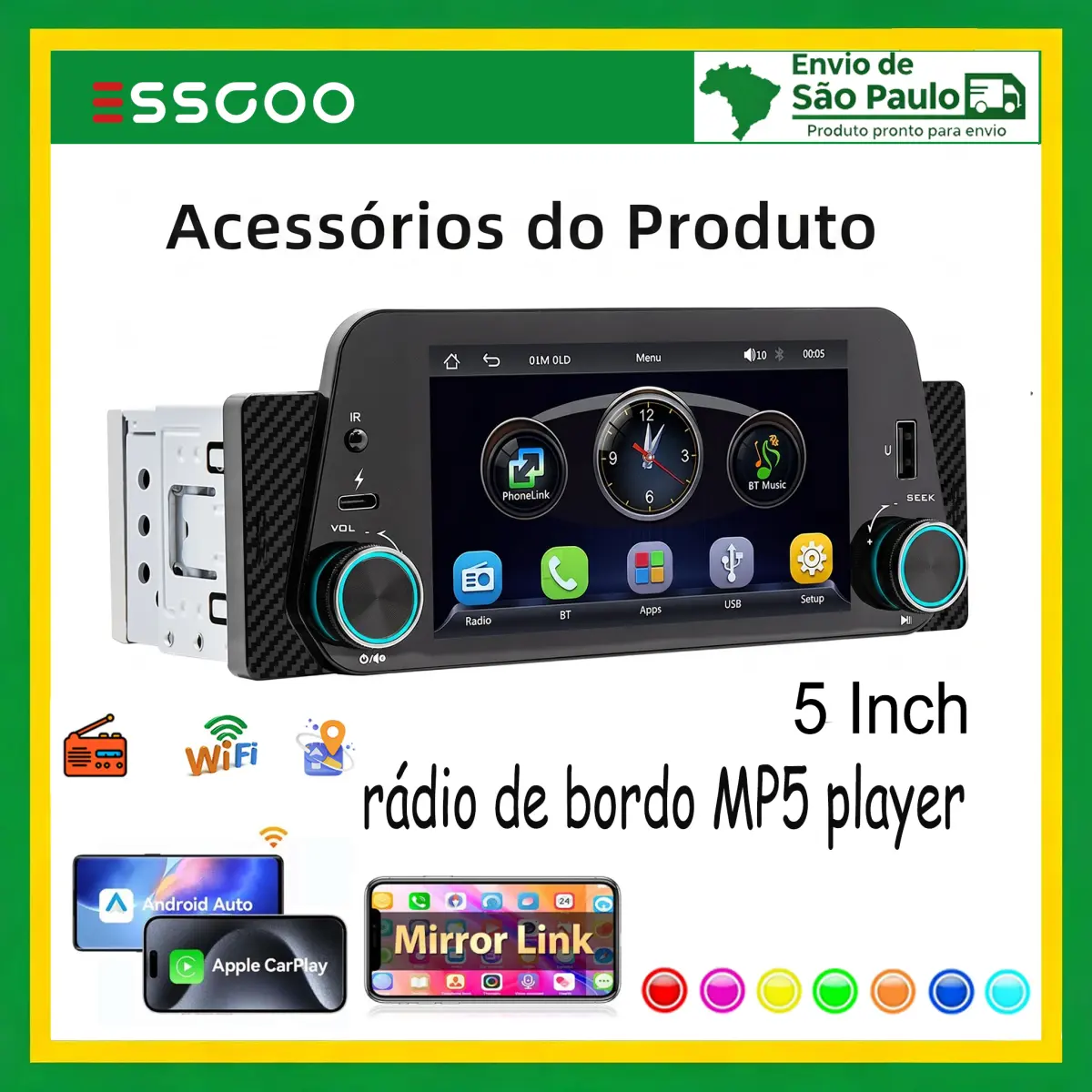 ESSGOO Rádio Automotivo Wince 1DIN MP5 com Controle Duplo, Tela de 5 Polegadas, Android AUTO, CarPlay, Bluetooth e Receptor FM Universal - 1
