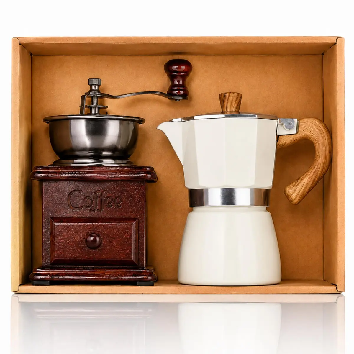 Kit Cafeteira Moka Branco 3 Porções (150ml) com Moedor de Café Manual Vintage Conjunto para Fogão Casa e Camping Presente para Amantes de Café