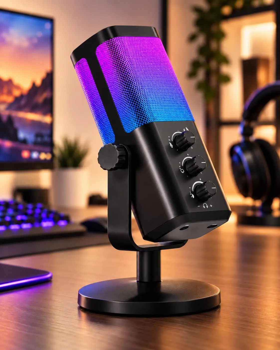 Microfone de Mesa, Iluminação RGB, Controles Integrados e Base Ajustável, Cancelamento de Ruído, Ideal para Streaming, Jogos, Chamadas, Aulas Online, Reuniões e Criação de Conteúdo
