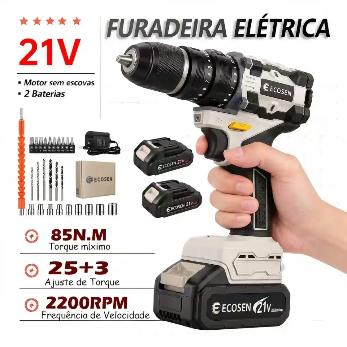 Furadeira Parafusadeira Sem Fio 3 Em 1 21V Com 2 Baterias, Kit Completo Com Acessórios E Carregador Bivolt
