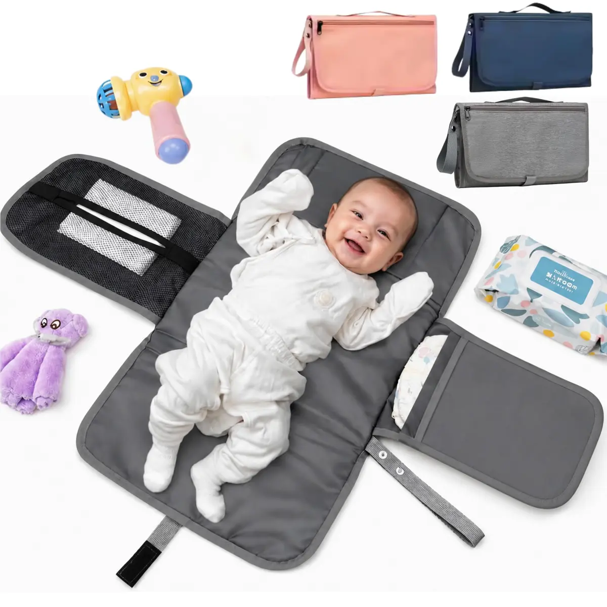 Trocador de Fraldas Portátil Premium Trocador Portátil para Meninas e Meninos Recém-nascidos de Bebê com bolso – Porta Fraldas Kit de Troca de Viagem à Prova d'água Textil (Cinza)