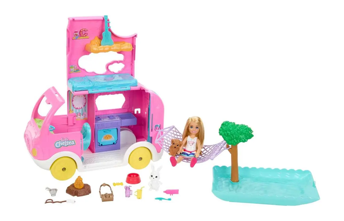 Boneca Chelsea Barbie com Trailer 2 em 1, Animais de Estimação e Acessórios de Acampamento para Crianças a Partir de 3 Anos.