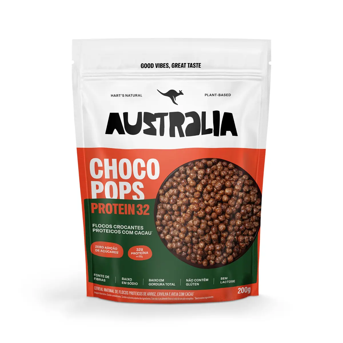 ChocoPops Australia Protein Chocolate 200g, Integral, Zero Açúcar Adicionado, Vegano, Sem Glúten, Sem Lactose, Fonte de Fibras - 1