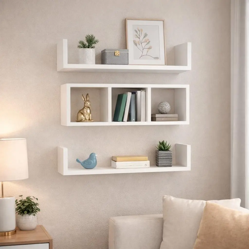 Kit Nichos para Banheiro 3 Peças em MDF Branco, Nicho com Divisória e 2 Prateleiras Decorativas de Parede - 1
