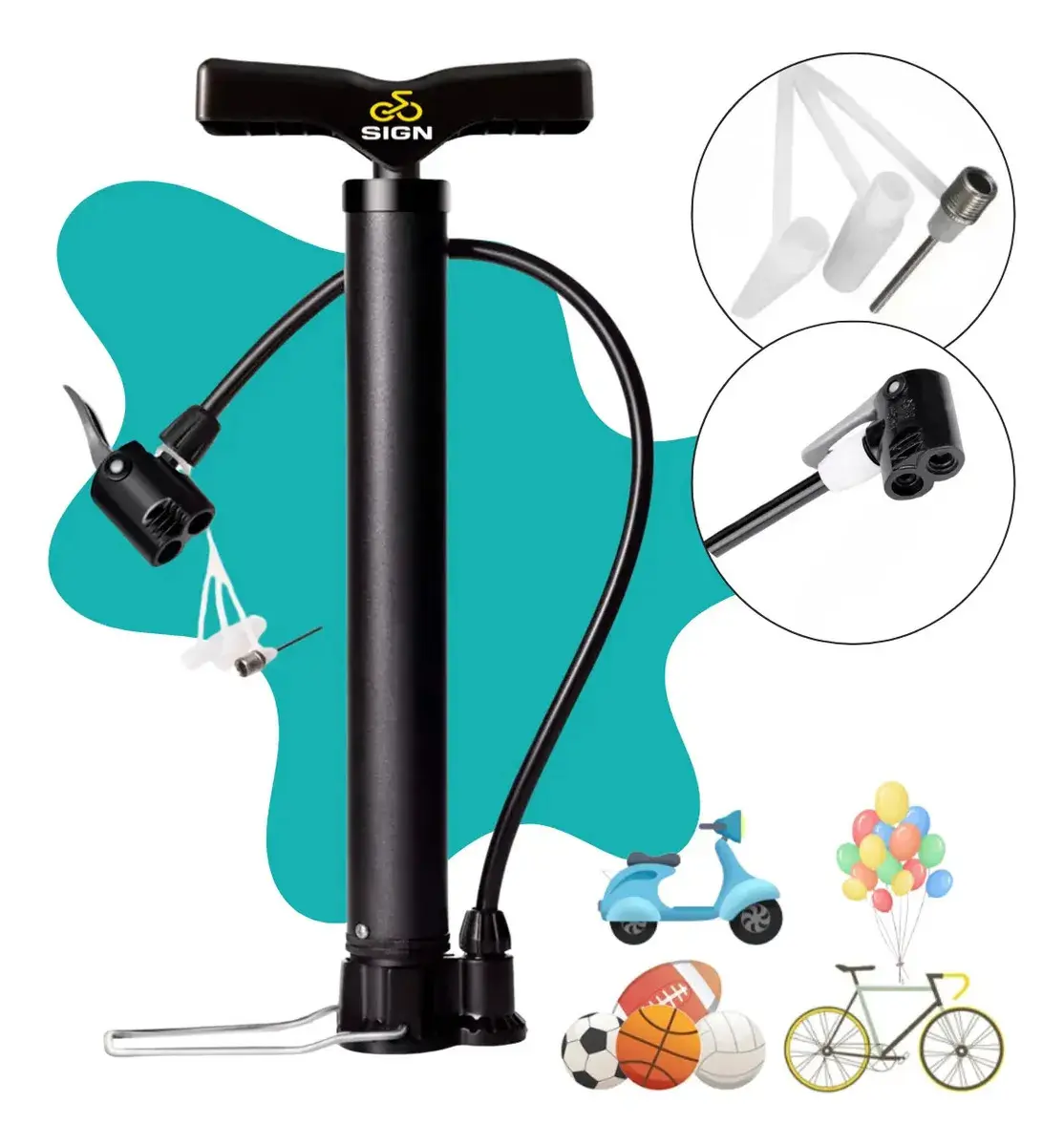 Bomba Para Pneu de Bicicleta Portátil De Ar Manual 3 Bicos 2 Válvulas Fina E Grossa Encher Pneus De Bike Carro Moto Bola Balão Colchão Inflável Bico Schrader E Presta Cor Preto Sign - 1