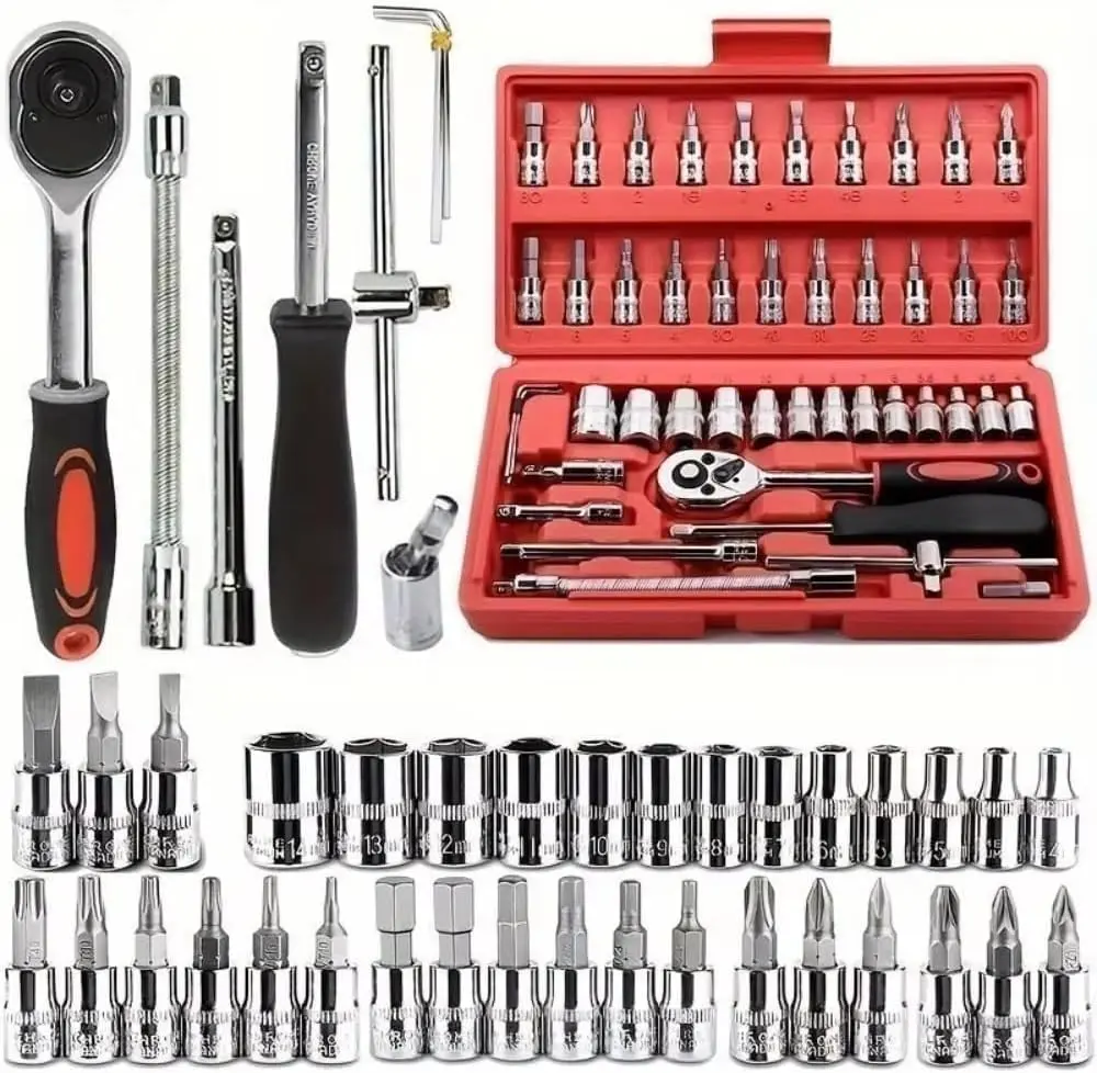 Jogo de Soquete Kit com 46 peças Ferramentas Chave Catraca Conjunto de Soquetes Métricos Sextavadas Chave Allen Torx e Barra de Extensão Reparos Automotivos e Domésticos Premium.
