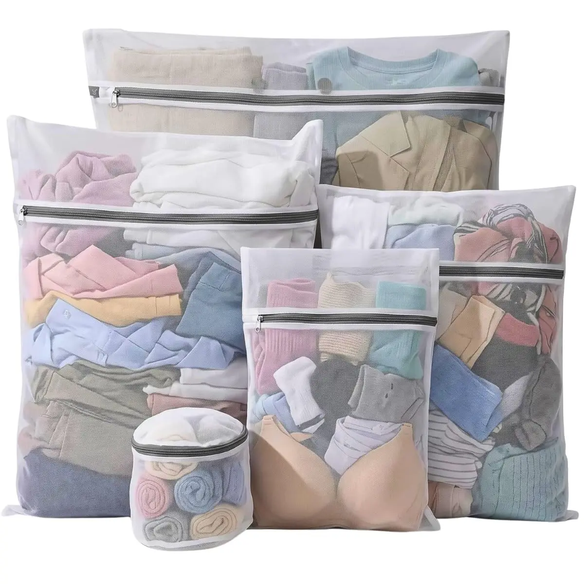 Kit 5 Unidades Sacos para Lavar Roupas Delicadas com Zíper | Zíper Reforçado - Proteção contra danos e desgastes - Acompanha 05 sacos com tamanhos diferentes - Ideal Roupas Íntimas - 1