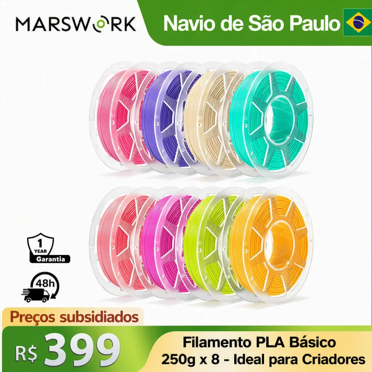 Pacote de Filamentos MarsWork PLA Básico Pré-Seco 8x250g com Bobina para Impressora 3D Bambu Lab, Filamento de Impressão 3D Multicolorido 1.75mm