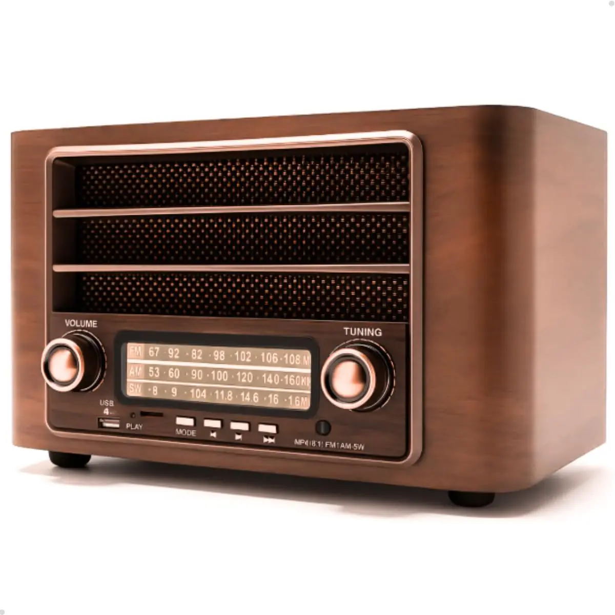 Rádio Retrô Bluetooth AM/FM USB Cartão Memória Bateria Recarregável Bivolt