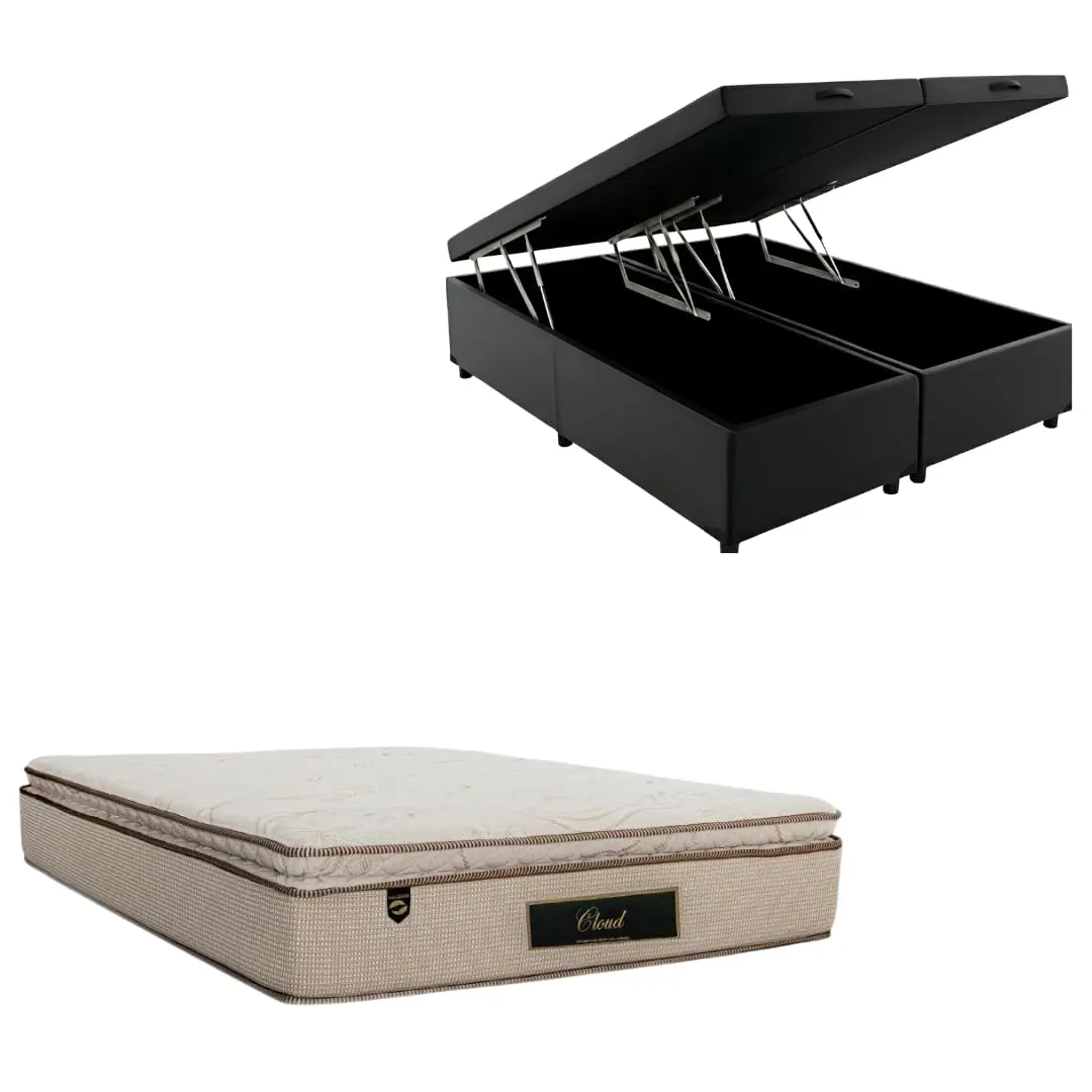 Cama Box Baú Bipartida Blindada com Colchão Cloud Molas Ensacadas C/Pillowtop 32cm (CORINO PRETO, Queen) - 1