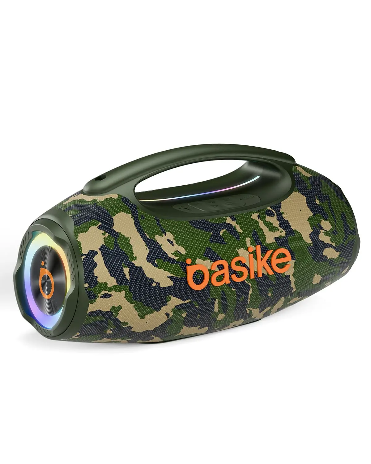 Basike Caixa de Som Bluetooth Portátil 80W RMS (Pico 120W), TWS Estéreo | BT5.3, Modos EQ, Luzes RGB, IPX6 Resistente à Água, Bateria 8000mAh, para Home Theater, Festa e Uso Externo (Cor Camuflada)