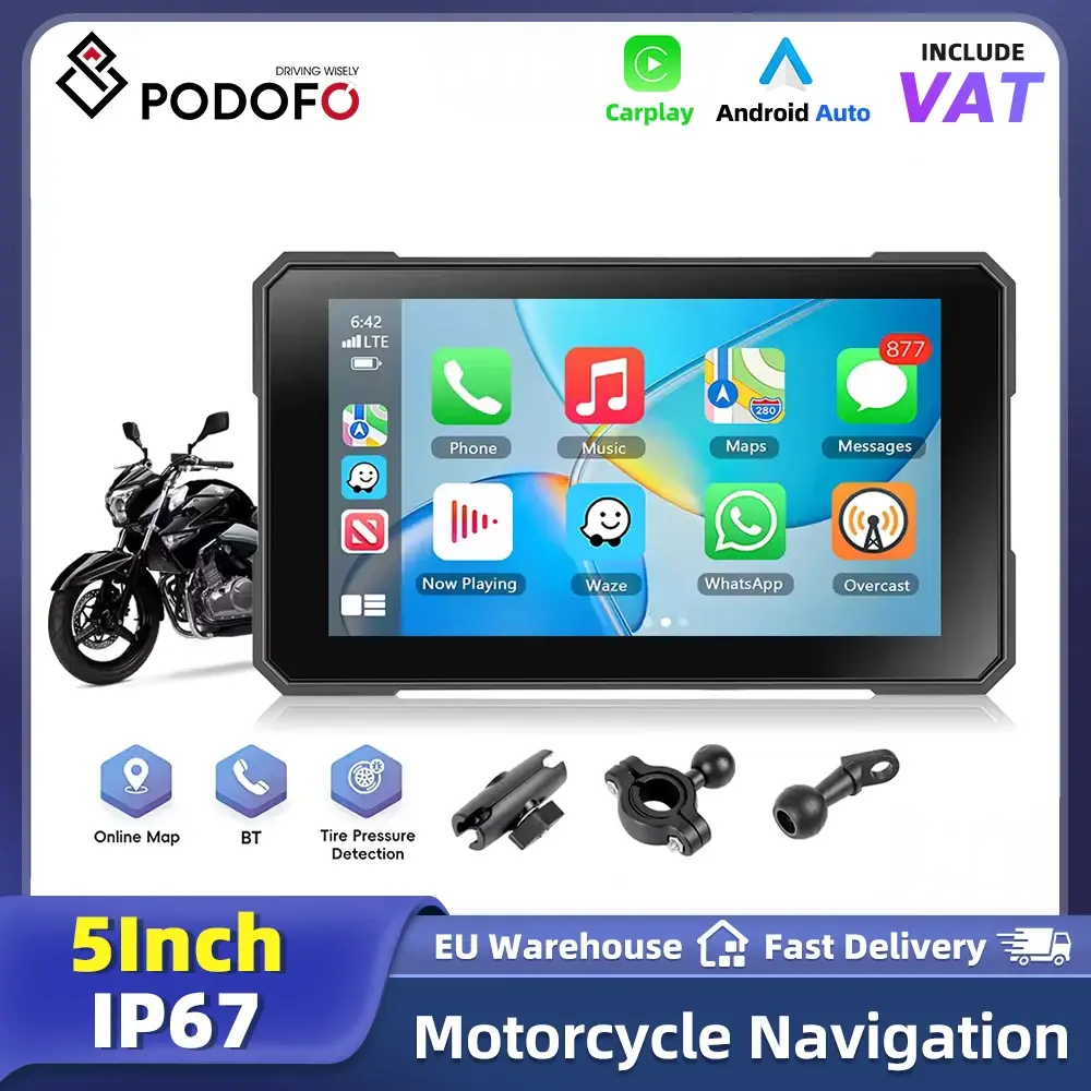 Monitor Portátil Podofo de 5 Polegadas para Motocicleta com Carplay Sem Fio, Android Auto, Navegação GPS, Reprodutor Inteligente, Tela Multifuncional à Prova d'Água IP67 para Pilotagem de Motocicletas