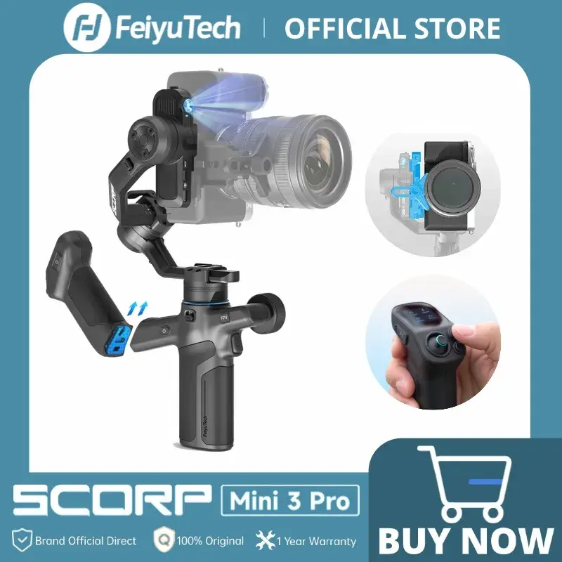 FeiyuTech SCORP Mini 3 Pro Gimbal Estabilizador com IA 4.0 para Câmeras Mirrorless, Smartphones e Câmeras de Ação, Rastreamento Automático AI, Alça Remota Removível - 1