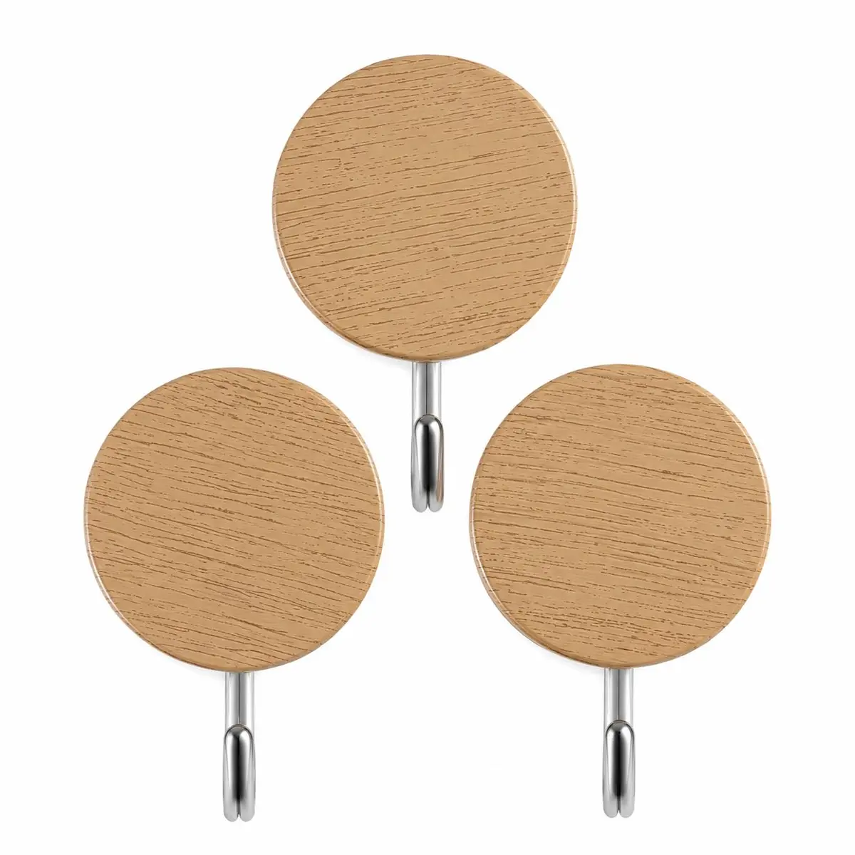 Ganchos Adesivos Redondos com Acabamento em Madeira Kit 3 Multiuso | Suporta até 2 kg, Sem Furos na Parede, Para Toalhas e Chaves, Design Moderno, Gancho em Aço Inox
