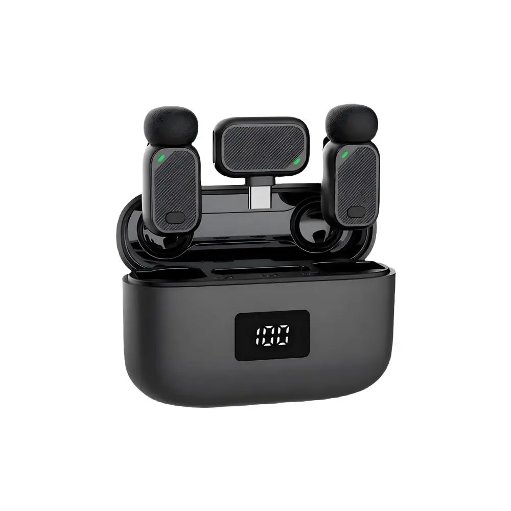 Microfone Lapel Sem Fio Duplo, Microfone de Lapela com Estojo de Carregamento com Display Digital, Microfone com Redução de Ruído, Plug and Play para Celular, Vlog, Live, Gravação de Vídeo, Entrevista