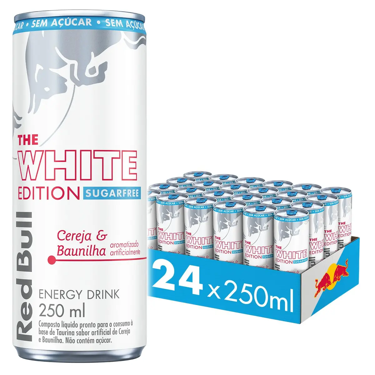 Red Bull Energético, White Edition, Cereja e Baunilha, Sem Açúcar, 250ml, 24 latas