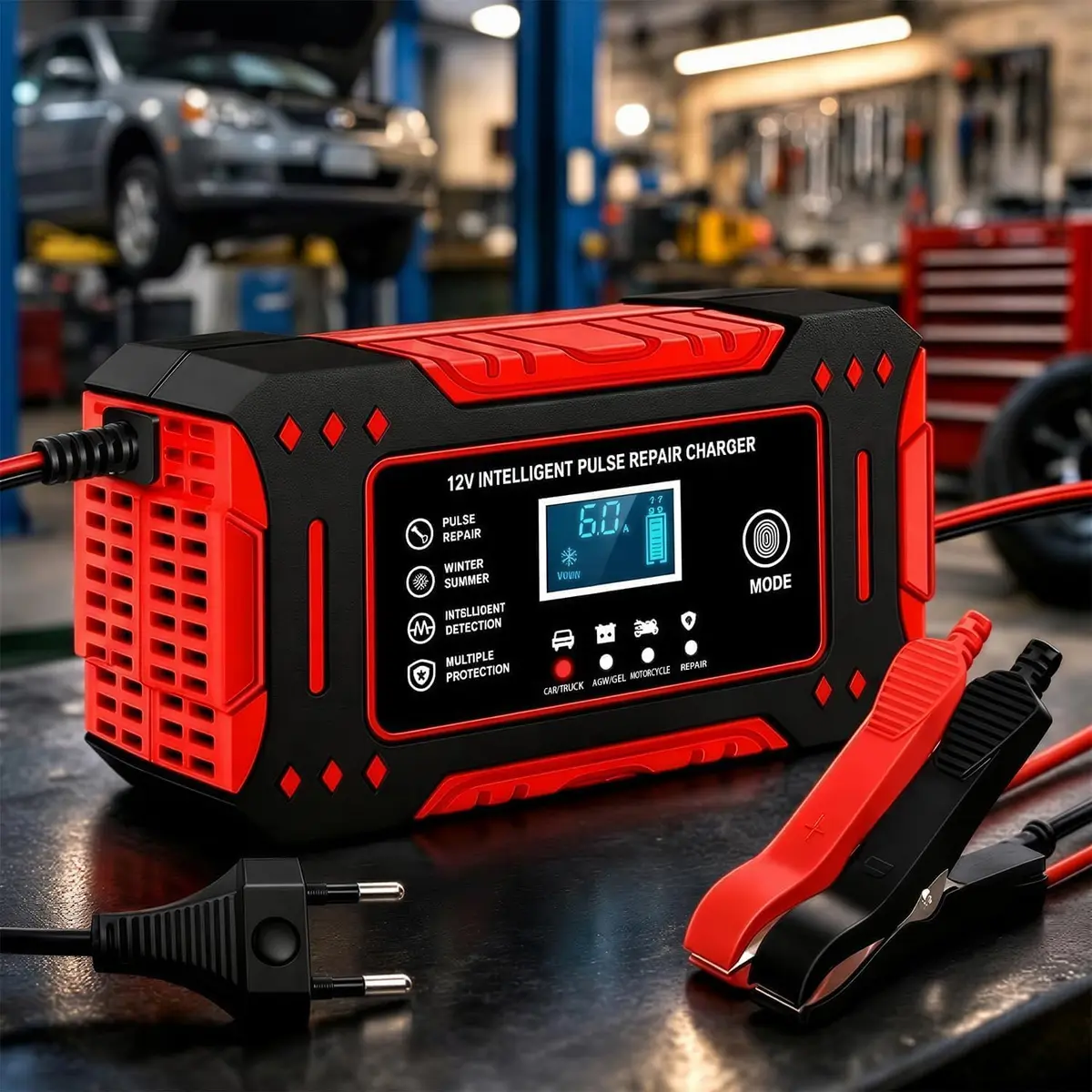 Carregador De Bateria Automotivo, Bivolt, Inteligente 12V 6A Para Carros E Motos Com Tela Digital, Sobrecarga Superaquecimento, Linha Premium Automotiva (Vermelho e Preto) - 1