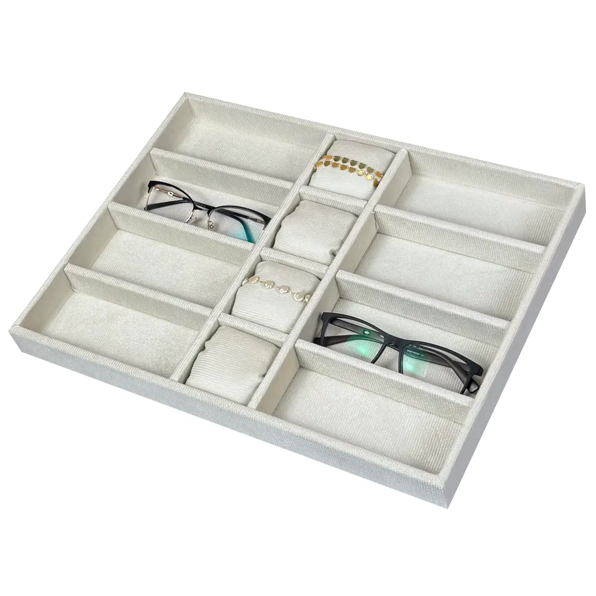 Reluz Art Organizador Para Joias Gaveta Veludo Para Acessórios, Relógios, Anéis, Óculos e Colares (Bege, 40 x 30 x 3,5cm Óculos e Relógios)