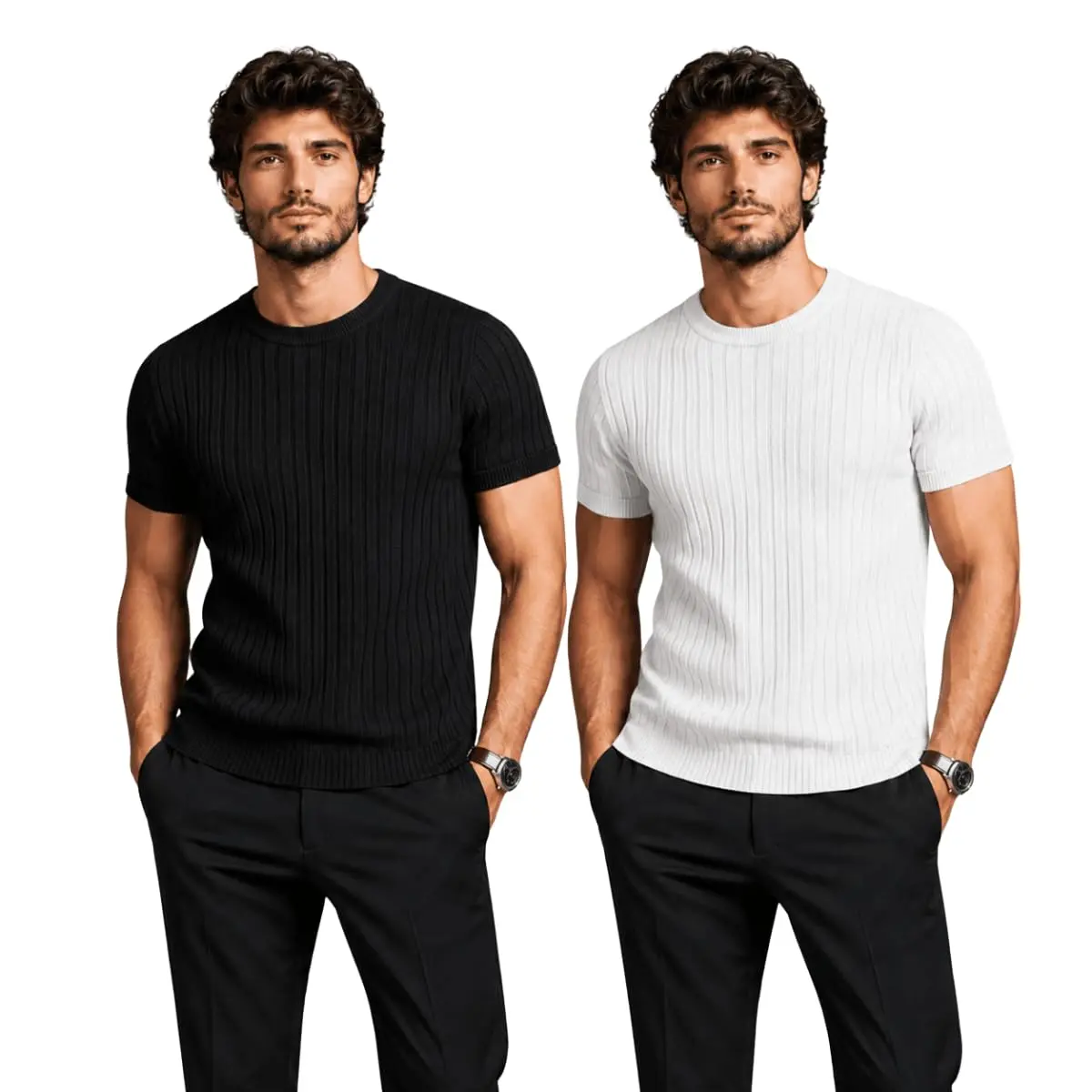 Kit 2 Camisetas de Tricô Canelado Masculino Manga Curta Slim | Gola Mid, Básica Casual, Leve e Confortável, Corte Slim, Social - 1